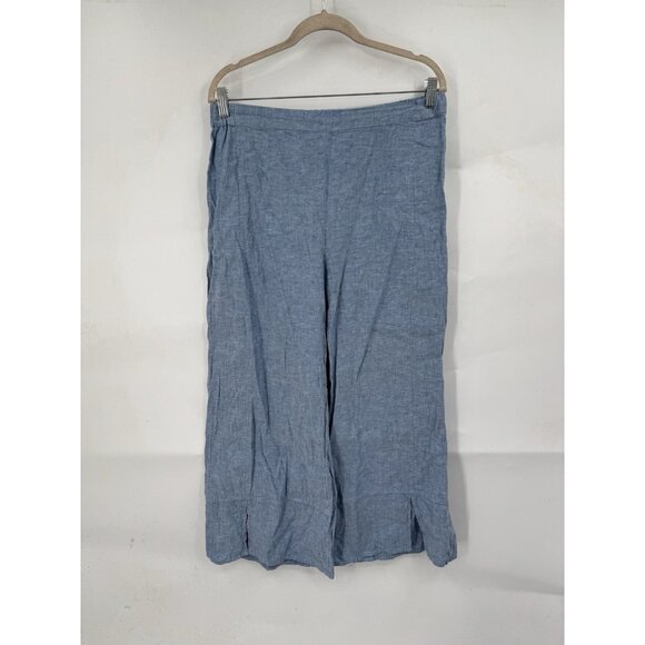 Habitat Sz L Blue Linen Cotton Pant Wide Leg Pull On Ankle Slit Beach Lagenlook - Picture 1 of 8
